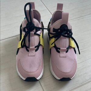 Nike Pink and Yellow Sneakers with High-Top Design and Unique Lacing